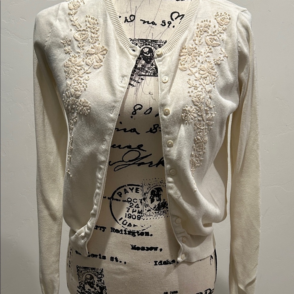 American Apparel Cream Embroidered Cardigan